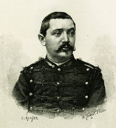 1879年から1882年にかけて、ガリエーニの指揮下でアフリカ遠征を行った海軍砲兵隊のピエトリ大尉の肖像。による「Exploration du Haut Niger（ニジェール河畔の探検）」（現在のマリ）の物語を説明するために、E. Ronjatが写真から作成したエングレーヴィング。 作： Etienne Antoine Eugene Ronjat