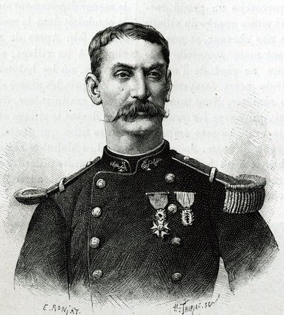 アフリカ遠征中（1879-1882年）のジョセフ・ガリエーニ司令官の肖像。E. Ronjatによる写真をもとにしたエングレーヴィングで、Joseph Gallieni司令官（1849-1916）の "Exploration du Haut Niger (Haut Niger)"(現在のマリ)の物語を説明するためのもの。 作： Etienne Antoine Eugene Ronjat