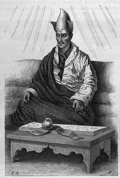 1870年から1880年にかけてのチベットの高僧「クトゥクチャ」の肖像。エドゥアール・シャルトン編集の「Le Tour du Monde, Nouveau journal des Voyages」に掲載されているロンジャットの絵をもとにした版画。 作： Etienne Antoine Eugene Ronjat