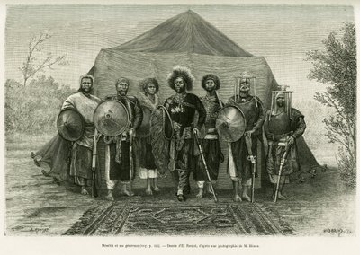 将軍たちに囲まれたエチオピア王子メネリク2世（1844-1913）の肖像。写真をもとにロンジャットが描いた「Voyage au Choa（Abyssinie meridionale）」という物語のための版画。 作： Etienne Antoine Eugene Ronjat