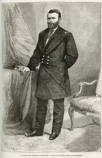 ユリシーズ・グラント（1822-1885）は、アメリカの将軍で、分離独立戦争の際に北軍を指揮し、1869年から1877年まで2期にわたって第18代アメリカ合衆国大統領を務めた人物です。E.Ronjatの図面をもとにしたエングレーヴィングで、ストイックさを表現しています。 作： Etienne Antoine Eugene Ronjat