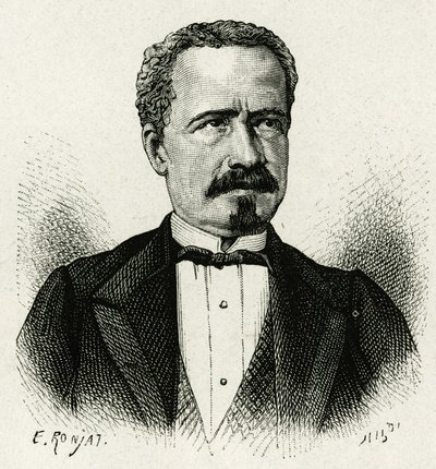 1875年から1876年までエクアドルの大統領を務めたドン・アントニオ・ボレロの肖像。"春分の日のアメリカ "の物語を説明するために、E.Ronjatが写真をもとにして描いた版画。 作： Etienne Antoine Eugene Ronjat