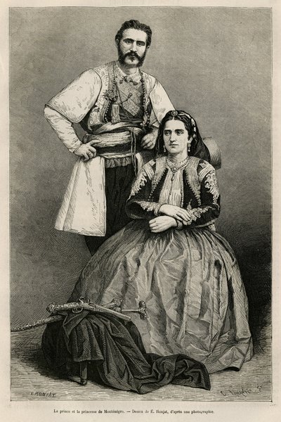 モンテネグロ公爵ニコラス・I・ペトロヴィッチ・ニエゴシュ（1841-1921）とその妻ミレーナ（旧姓ヴーコヴィッチ）（1847-1923）の肖像画、E.Ronjatによるドローイング、1874年にCharles Yriarte（1832-1898）がモンテネグロへの旅を描いたものである。ル・ツアー・デュ・モンテネグロ」に掲載されているエングレーヴィング 作： Etienne Antoine Eugene Ronjat