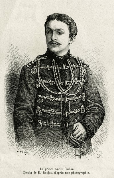 ロシア軍の将軍であり、チェスのチャンピオンでもあるミングレーのアンドレ・ダディアン王子（1850-1910）。カルラ・セレーナが1876年から187年にかけて執筆した『Un tour en Mingrelie』（コーカサスとリオンの間に広がるグルジアの地域）の挿絵として、E.Ronjatが描いたもの。 作： Etienne Antoine Eugene Ronjat