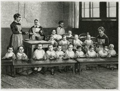 保育園での子どもたちの食事の様子。ドイツの政治家・作家であるシャルル・グラッド（1842-1890）が1884年に発表した物語「Atravers l