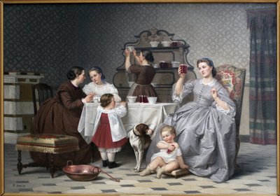 ジャムは、Le gouter de familleとも言います。ウジェーヌ・ロンジャ（1822-1912）の絵画、油彩・カンヴァス、1860年頃の作品。19世紀のフランス美術。ウィーン美術館（イゼール）。 作： Etienne Antoine Eugene Ronjat
