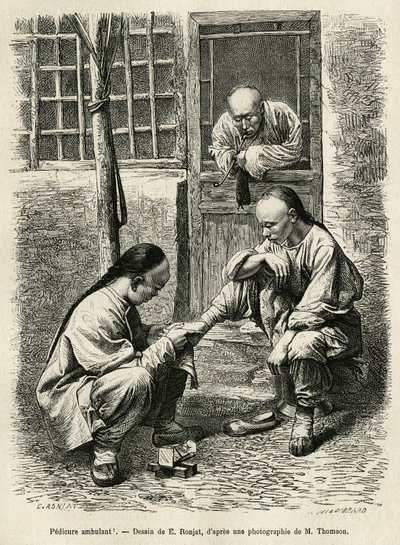 歩くペディキュア、中国の都市では日常生活でよく見られる光景です。1873年にT.Choutzeが北京と華北への旅を説明するために描いたE.Ronjatの図面に基づくエングレーヴィングで、1876年にEdouard Chartonが編集した "Le tour du monde "に掲載されている。 作： Etienne Antoine Eugene Ronjat
