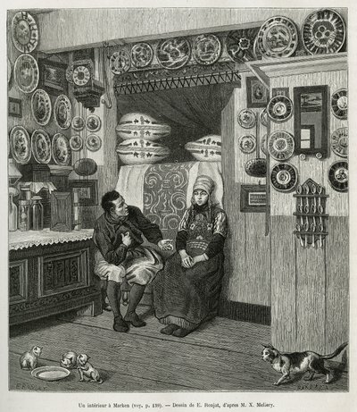 Un interieur à Marken (Pays Bas), E.Ronjatの図面に基づくエングレーヴィング、Charles de CosterによるNeerlandeの物語を説明するためのもの、1878年、Edouard Chartonの指導の下、tour du mondeに掲載された。 作： Etienne Antoine Eugene Ronjat