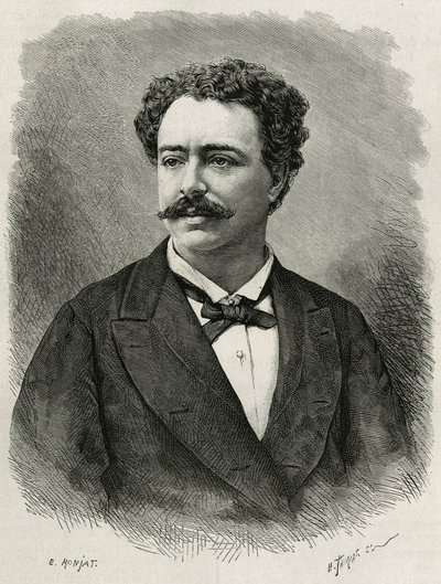 イタリアの作家で旅行家のエドモンド・デ・アミチス（1846-1908）の肖像、E.Ronjatによる彫刻、エドモンド・デ・アミチスのモロッコの物語を説明するためのもの、1875年、エドゥアール・シャルトンの指揮の下、『tour du monde』に掲載された。 作： Etienne Antoine Eugene Ronjat