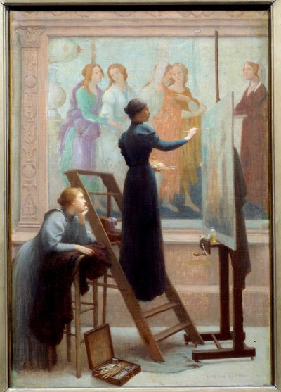 オー・ルーヴル（ボッティチェリのフレスコ画を模写する二人の女性） エティエンヌ・アザンブル（1859-1933）の絵画 1894年 日0,61x0,41 m Attention!この作品を使用するには、第三者からの許可申請や追加料金が必要となる場合があります 作： Etienne Azambre