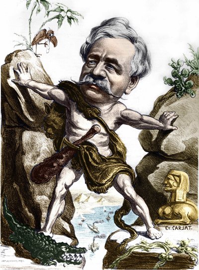 フェルディナン・ド・レセップス（1805-1894）は、フランスの外交官であり、スエズ運河の管理者であった。カルヤトの風刺画。 作： Etienne Carjat
