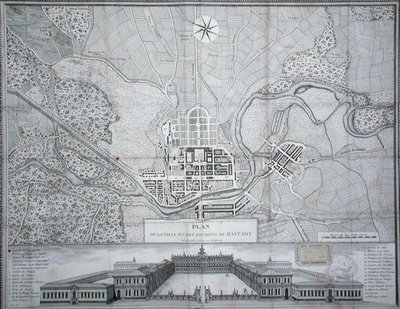 ラシュタットの町とその周辺、そしてシュロスの地図(彫刻) 作： Etienne Claude Voysard