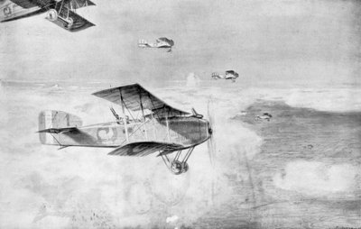 1918年、1926年、雲海の上空を爆撃する日中爆撃機のフランス艦隊。 作： Etienne Cournault