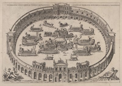 ローマのアリーナ内に設定された海軍の交戦で、テヴェレ川とニンフが下段にあります。1577〜85年。 作： Etienne Duperac