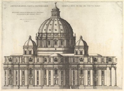 ローマの壮大な鏡：標高セントピーターズバジルの外観...、1558-61。 作： Etienne Duperac
