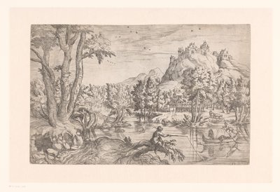 山の上に漁師と城のある風景 作： Etienne Dupérac (attributed to)