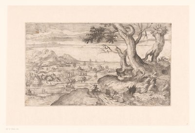 サテュロスの子供に餌をやる女性サテュロスのいる風景 作： Etienne Dupérac (attributed to)