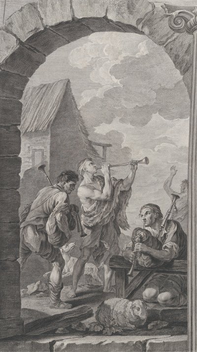 パリのファウンドリングのチャペル: 羊飼いのグループ: トランペットと楽器の奏者..., 1754. 作： Etienne Fessard