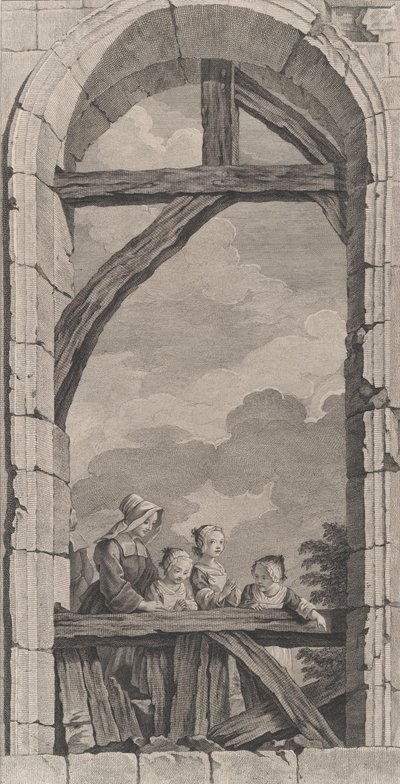 パリのファウンドリングのチャペル: 修道女とクレックを見ている少女たち., 1756. 作： Etienne Fessard