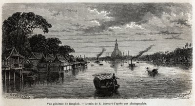1858年から1861年にかけてシャム、カンボジア、ラオスの王国を訪れたアンリ・ムホーの旅を説明するためにE.Bocourが描いたバンコク（タイ）の全景。エドゥアール・シャルトン編集の「Le tour du monde」に掲載された版画 作： Etienne Gabriel Bocourt