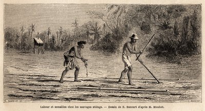 1858年から1861年にかけてシャム、カンボジア、ラオス王国を巡ったアンリ・ムホーの旅を説明するためにE.Bocourが描いた、カンボジアの森に住む野蛮人スティーングスの間での耕作と播種。Le tour du monde "に掲載された版画。 作： Etienne Gabriel Bocourt