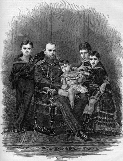 1881年のロシア皇室の肖像。皇帝アレクサンドル3世（1845-1894）とマリー・フェオドロフナ（またはフィオドロフナ、またはフェドロフナ）（マリー・ソフィー・ダグマー 作： Etienne Gabriel Bocourt