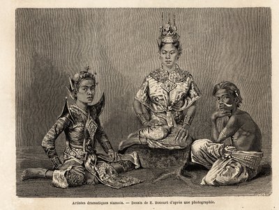1858年から1861年にかけてシャム、カンボジア、ラオスの王国を訪れたアンリ・ムホーの旅を説明するためにE.Bocourが描いたシャムの劇画家たち。エドゥアール・シャルトン編集の「Le tour du monde」に掲載された版画 作： Etienne Gabriel Bocourt
