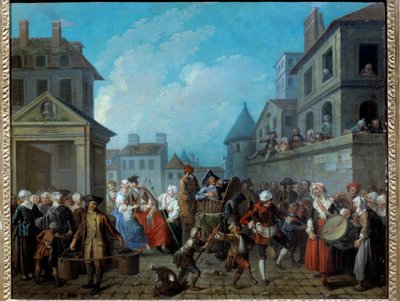 パリの街角のカーニバル エティエンヌ・ジョーラット（1699-1789）による絵画 1757年。薄さ0.65 x 0.82 m パリ、カルナヴァレ美術館 作： Étienne Jeaurat
