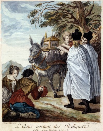 遺物を運ぶロバ。ジャン・ド・ラ・フォンテーヌの寓話の挿絵。エティエンヌ・ジョウラ（1699-1789）による絵画 作： Étienne Jeaurat