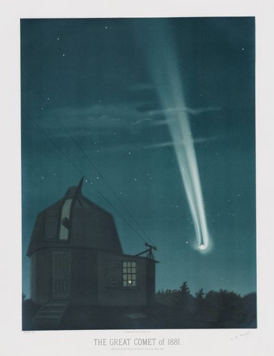 6月25〜26日の夜、午前1時30分に観測された1881年の大彗星（『トルヴェロの天文学的素描1881』より。1881年（カラーリトグラフ 作： Étienne Léopold Trouvelot