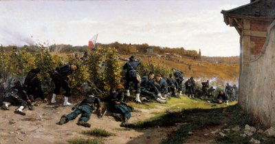 1870年の戦争。"Les tirailleurs de la Seine au combat de Rueil Malmaison on 21 October 1870" パリ防衛の際の小競り合い。エティエンヌ・ベルヌ・ベルクール（1838-1910）による絵画 1875年 日1,03×2,03 m 作： Etienne Prosper Berne Bellecour