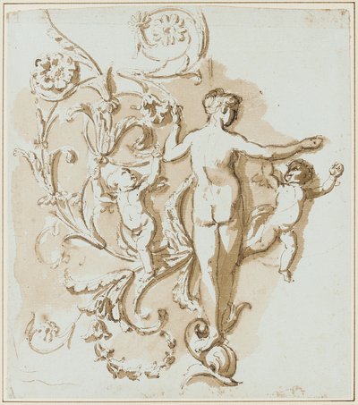 アカンサスの葉の装飾の中で、後ろから見た女性のヌード 作： Etienne de Lavallee Poussin