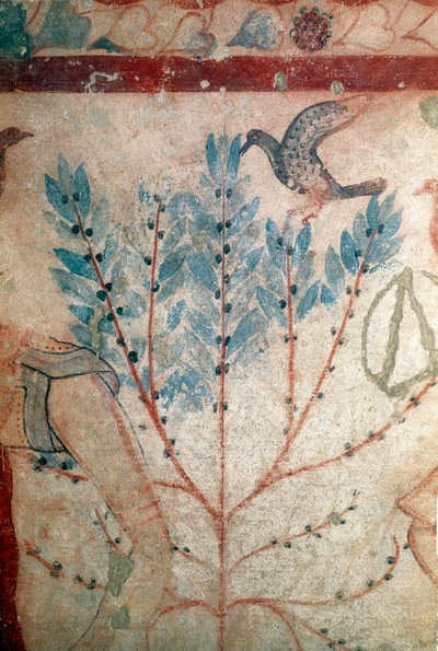 小さな木の上に座る鳥（フレスコ画、細部、紀元前530年 作： Etruscan