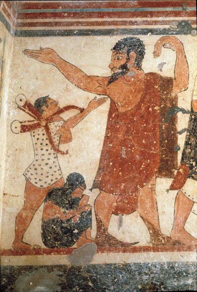 キャラクターが、戦いのレフェリーになることもあります。(紀元前530年のフレスコ画の詳細) 作： Etruscan
