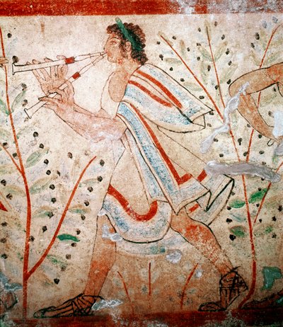 フルート奏者。フレスコ画の詳細、紀元前5世紀 作： Etruscan