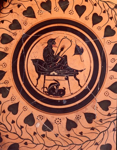 竪琴奏者-紀元前6世紀、ファレリイ・ヴェテレス出土の陶製花瓶の黒像 作： Etruscan
