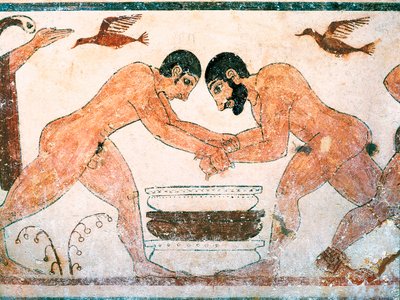 エトルリア美術：イタリアのヴィテルボ近郊にあるモンテロッツィ・タルクィニアのネクロポリスにあるオーグルの墓に表現された競技者たち。紀元前6世紀のフレスコ画。 作： Etruscan
