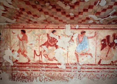 宴会中の踊り子と音楽家。トンバ・デル・トリクリニウムのフレスコ画、紀元前5世紀 作： Etruscan