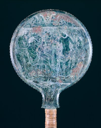 トーディ（ウンブリア州）出土の彫刻入りブロンズ鏡。エトルリア文明、紀元前4世紀。 作： Etruscan