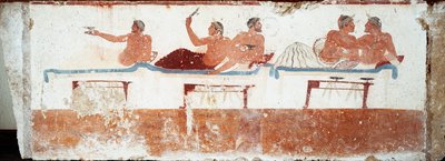 エトルリア美術：宴のシーン。海女 "の墓のフレスコ画。パエストゥムの南墓地より。紀元前480〜470年。パエストゥム国立考古学博物館蔵 作： Etruscan