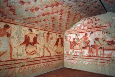 エトルリア美術：宴の場面を描いたフレスコ画。トリクリニウムの墳墓。紀元前5世紀イタリア・タルクィニア国立考古学博物館 作： Etruscan