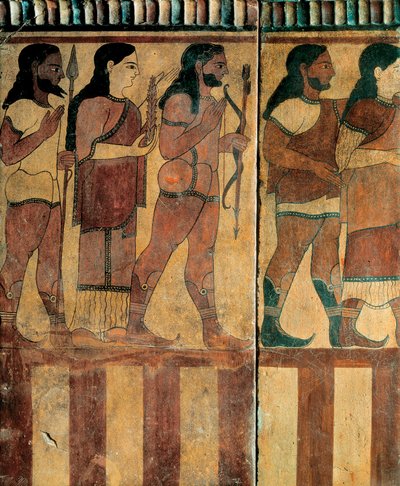 エトルリア文明 - 紀元前550～520年、ローマ、チェルヴェーテリ、バンディタッチャネクロポリスの行列を表現した「プラーク・カンパーナ」（テラコッタ） 作： Etruscan