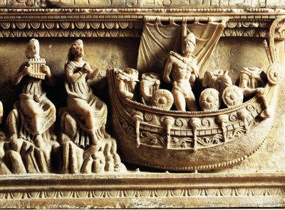 エトルリア文明、アラバスター製骨壷、オデュッセウスとセイレーンを描いたレリーフの細部 作： Etruscan