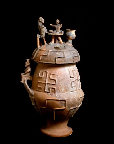エトルリア文明、葬儀：紀元前650年、イタリア、モンテスクダーイオのシナリー花瓶 作： Etruscan