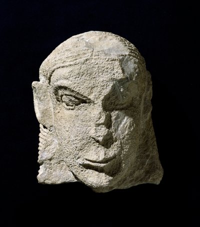 エトルリア文明：石灰岩の女性の頭部。紀元前650年頃 ピエトレラ・ディ・ヴェトゥローニアの古墳から。フィレンツェ、アルケオロジー博物館 作： Etruscan