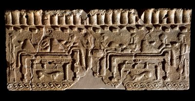 エトルリア文明：宴の場面で飾られたテラコッタ製のフリーズ。紀元前580年 薄暗い24x54cm。ムルロ宮殿より。ムルロ、コムナーレ古文書館 作： Etruscan