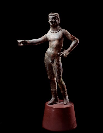 エトルリア文明：「「カルサンのデザインの神」」ブロンズ彫刻、紀元前3世紀、イタリア、コルトーナから薄暗い30 cm 作： Etruscan