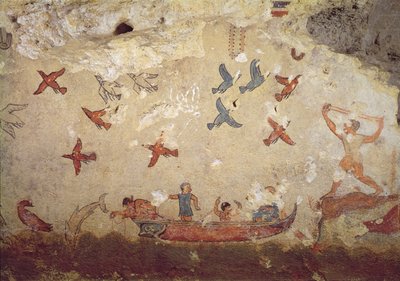 釣りと狩猟の墓から、船と鳥が飛ぶ漁師、紀元前520〜510年頃（壁画） 作： Etruscan