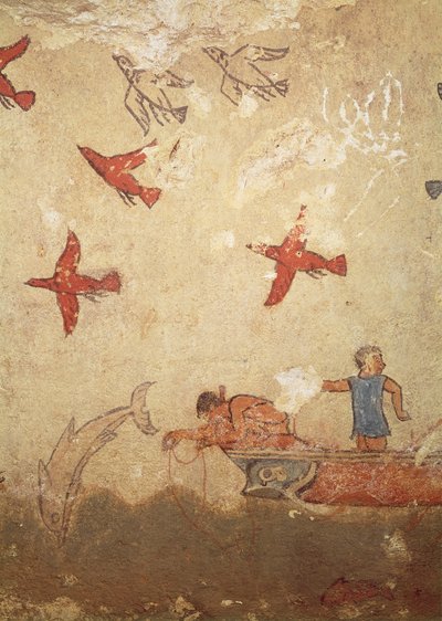 狩猟と釣りの墓からの漁船、紀元前520-10年頃（壁画） 作： Etruscan