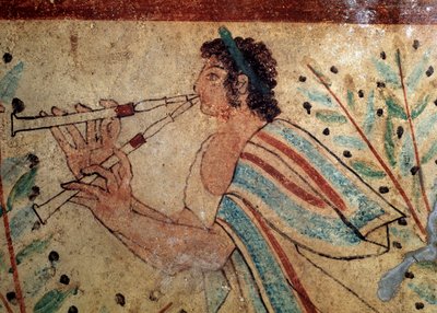 フルート奏者。豹の墓」のフレスコ画の詳細、紀元前5世紀 作： Etruscan